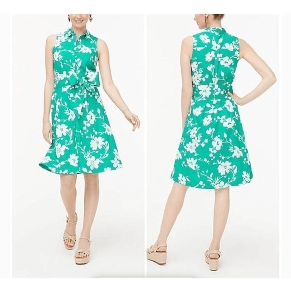 J. Crew Sleeveless Tie-waist‎ Green And White Floral Shirtdress Sz 6 Tie Belt